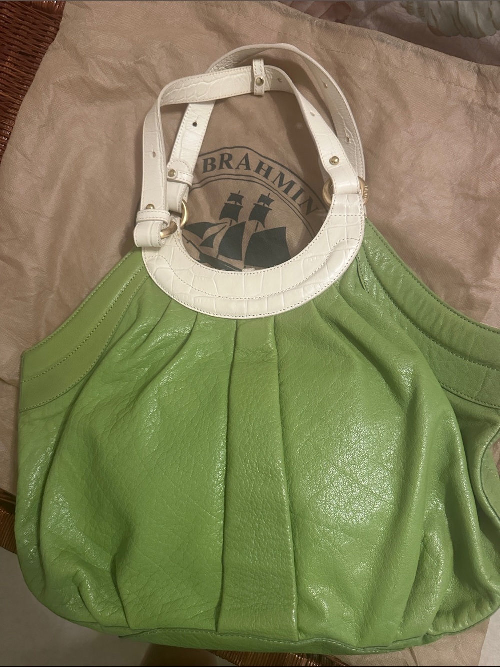 Brahmin Light Green Leather Shoulder Bag with White Handles